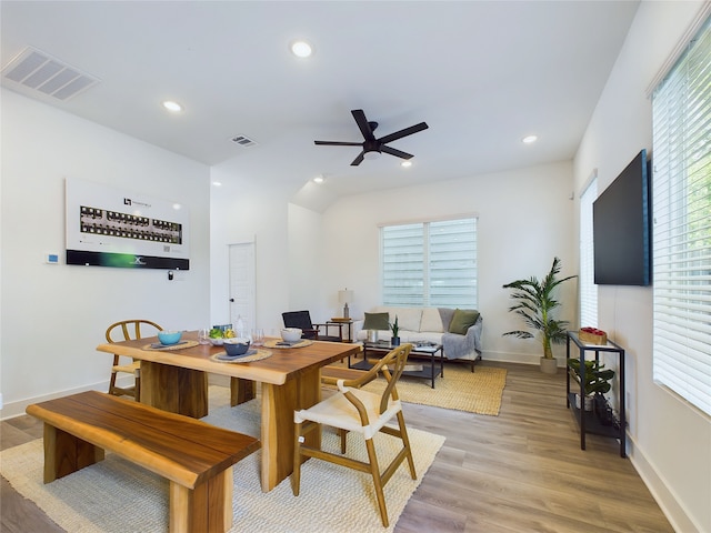 5808 Highland Sky Ln, Houston, TX 77091 - dining area featuring recessed lighting, baseboards, light wood-style flooring, and ceiling fan