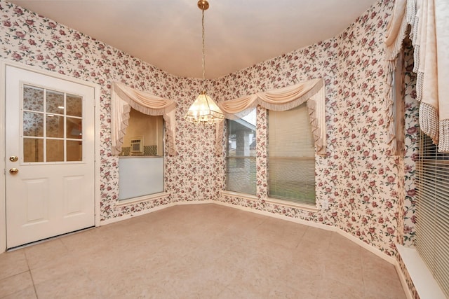 14731 Ravenscroft Way, Houston, TX 77083 - unfurnished dining area with wallpapered walls, a chandelier, tile patterned flooring, and baseboards