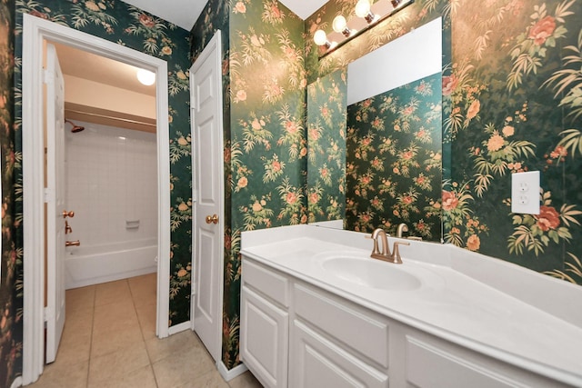 14731 Ravenscroft Way, Houston, TX 77083 - full bathroom with tile patterned floors, vanity, baseboards, and  shower combination