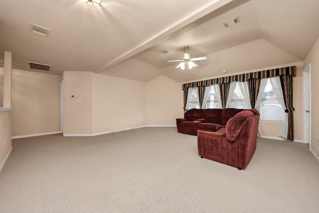14731 Ravenscroft Way, Houston, TX 77083 - carpeted living area with baseboards, a ceiling fan, and lofted ceiling