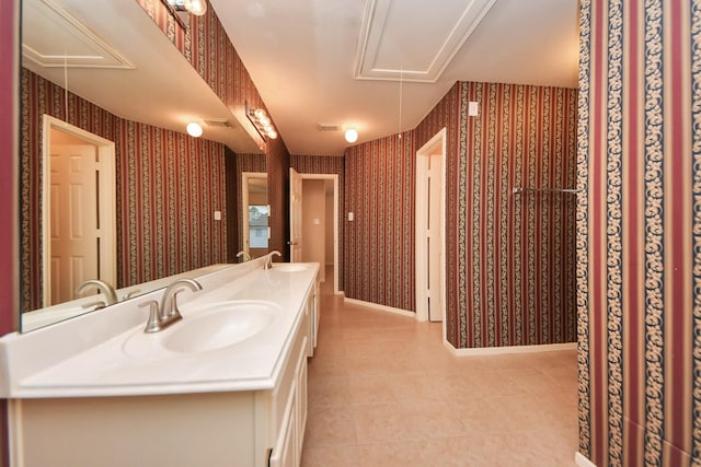 14731 Ravenscroft Way, Houston, TX 77083 - full bath with wallpapered walls, tile patterned flooring, and double vanity