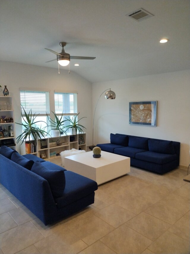19027 Drayton Village Trce, Richmond, TX 77407 - living area with light tile patterned flooring, a ceiling fan, and recessed lighting