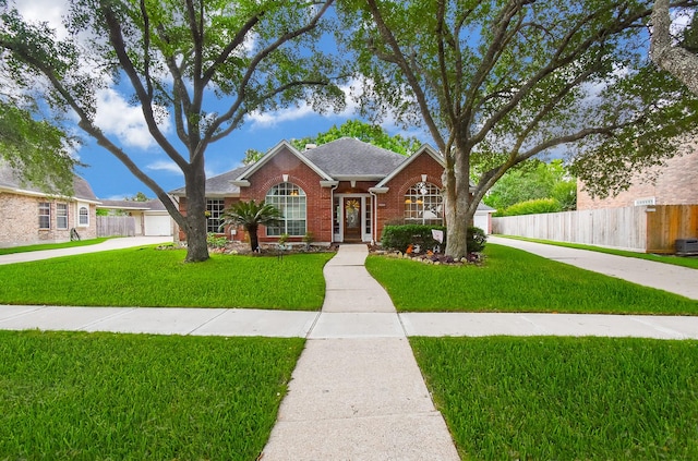 traditional-style house featuring brick siding, concrete driveway, a garage, and a shingled roof