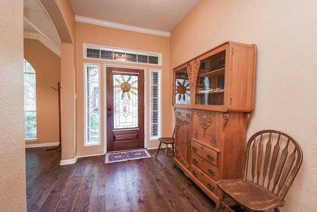 entrance foyer with plenty of natural light, dark wood-style flooring, crown molding, baseboards, and arched walkways