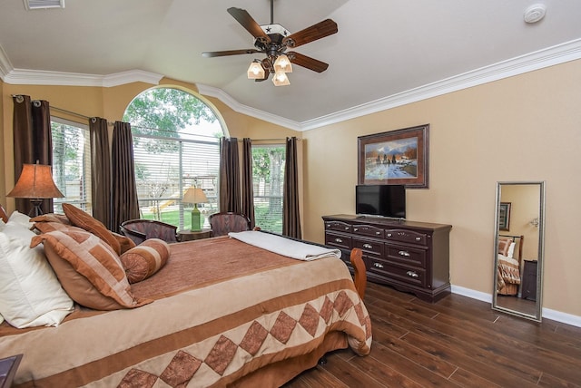 bedroom with dark wood finished floors, baseboards, crown molding, vaulted ceiling, and ceiling fan