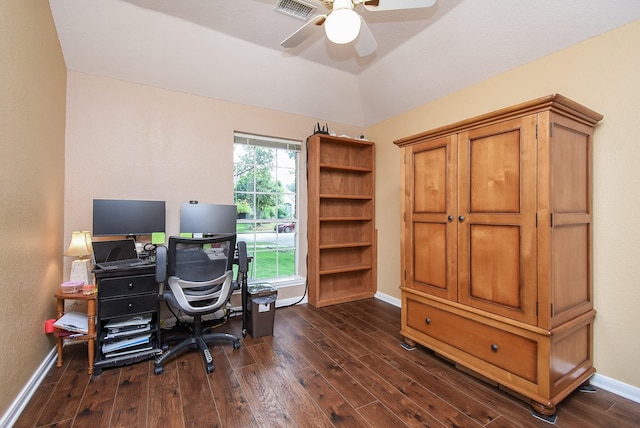 office area featuring dark wood-style flooring, baseboards, and a ceiling fan