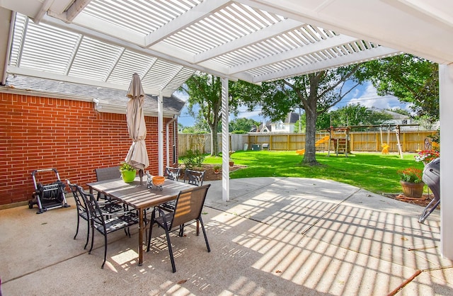 view of patio featuring a pergola, outdoor dining area, and a playground