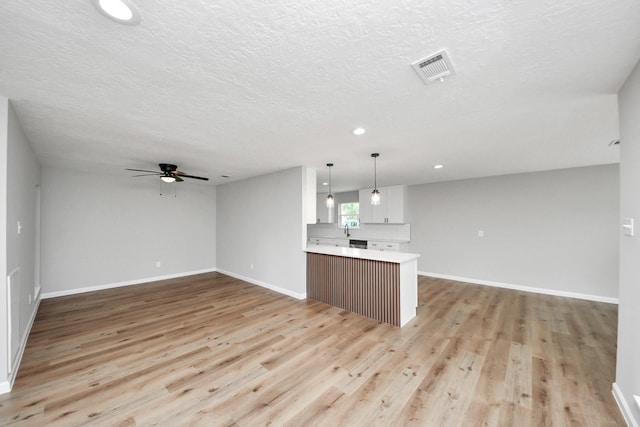 1914 Round Wind Trl, Crosby, TX 77532 - kitchen with open floor plan, light countertops, light wood-style flooring, a ceiling fan, and recessed lighting