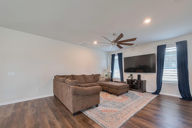 14502 Myrtle Hill Dr, Houston, TX 77069 - living room featuring ceiling fan, baseboards, dark wood-style flooring, and recessed lighting