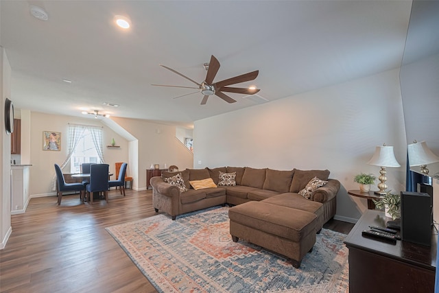 14502 Myrtle Hill Dr, Houston, TX 77069 - living room with wood finished floors, a ceiling fan, and baseboards