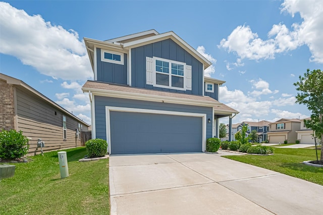 14502 Myrtle Hill Dr, Houston, TX 77069 - view of front of property featuring a garage, board and batten siding, a front lawn, and driveway