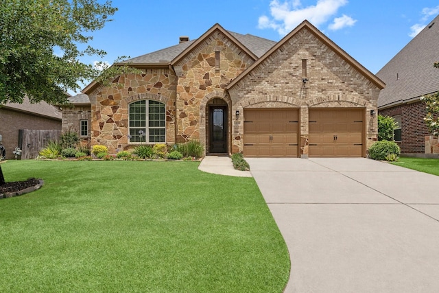 1830 Britton Key Ln, Spring, TX 77386 - french country style house featuring an attached garage, driveway, brick siding, a chimney, and stone siding