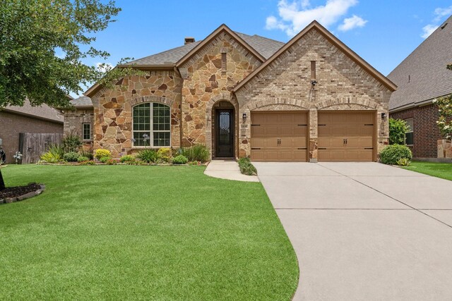 1830 Britton Key Ln, Spring, TX 77386 - french provincial home with a garage, concrete driveway, brick siding, a chimney, and stone siding