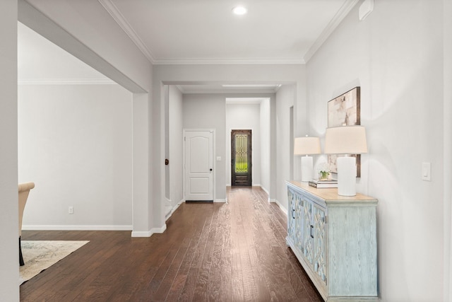 1830 Britton Key Ln, Spring, TX 77386 - hallway featuring dark wood-type flooring, baseboards, and ornamental molding