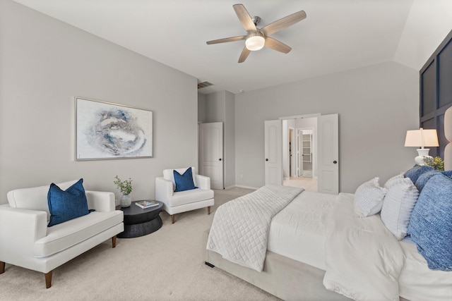 1830 Britton Key Ln, Spring, TX 77386 - bedroom featuring light colored carpet, lofted ceiling, and a ceiling fan