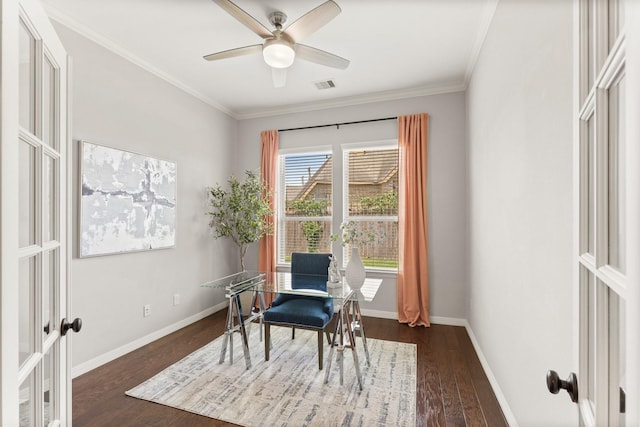 1830 Britton Key Ln, Spring, TX 77386 - office space featuring dark wood finished floors, a ceiling fan, baseboards, ornamental molding, and french doors