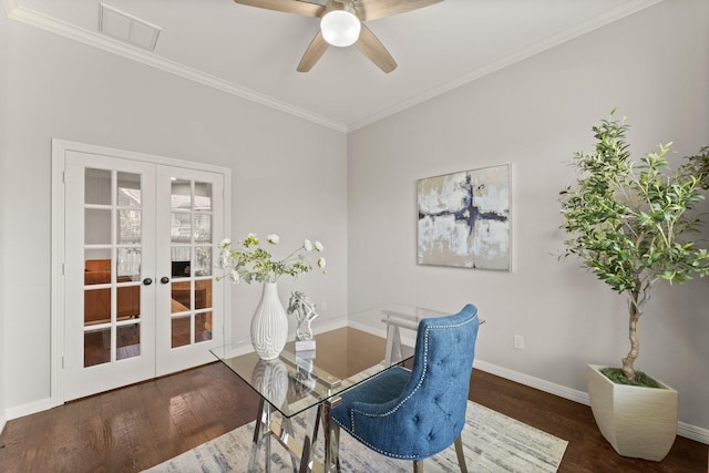 1830 Britton Key Ln, Spring, TX 77386 - office featuring french doors, wood finished floors, baseboards, crown molding, and ceiling fan