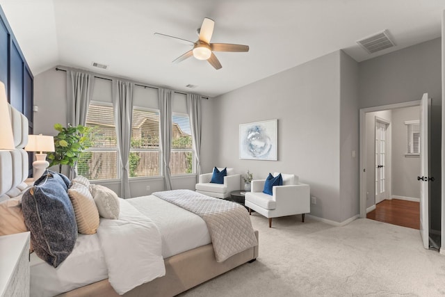 1830 Britton Key Ln, Spring, TX 77386 - carpeted bedroom featuring baseboards, lofted ceiling, and a ceiling fan