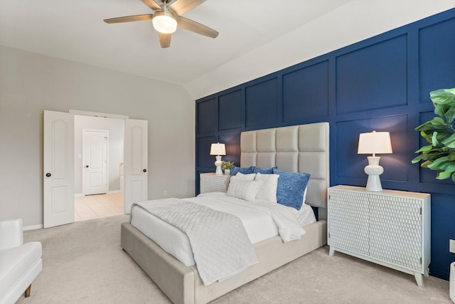 1830 Britton Key Ln, Spring, TX 77386 - bedroom with light colored carpet, lofted ceiling, and ceiling fan
