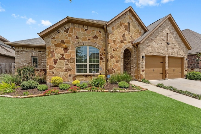 1830 Britton Key Ln, Spring, TX 77386 - french country inspired facade with a garage, stone siding, a front lawn, and driveway