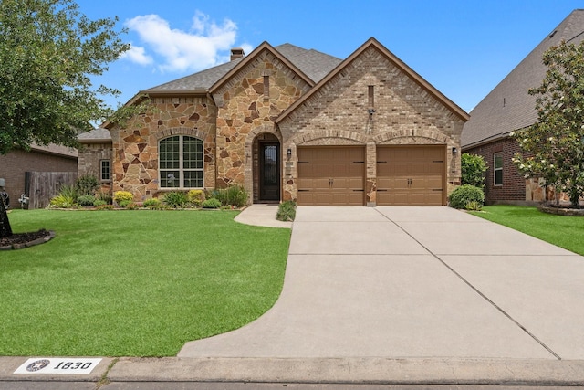 1830 Britton Key Ln, Spring, TX 77386 - french country inspired facade featuring an attached garage, concrete driveway, a front yard, a chimney, and brick siding