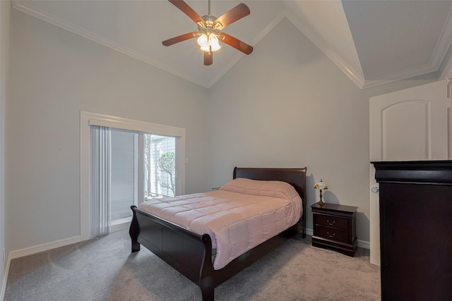 64 Hideaway Dr, Friendswood, TX 77546 - bedroom featuring light carpet, lofted ceiling, ornamental molding, access to outside, and baseboards