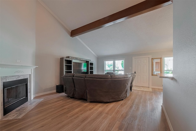 64 Hideaway Dr, Friendswood, TX 77546 - living area with light wood-type flooring, a premium fireplace, baseboards, a textured wall, and crown molding