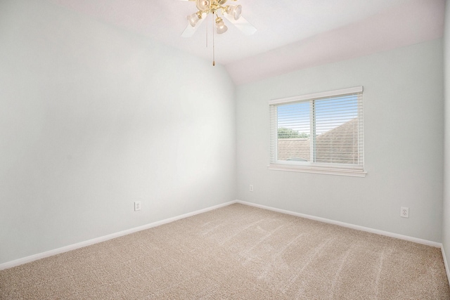 2385 Golden Shores Ln, League City, TX 77573 - empty room featuring carpet flooring, ceiling fan, baseboards, and vaulted ceiling