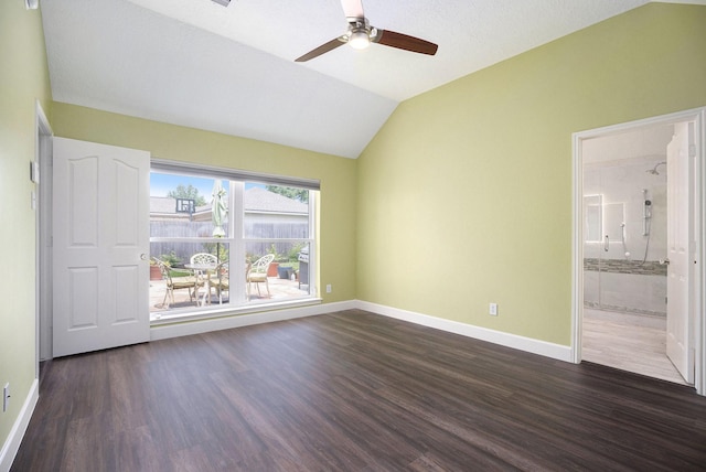 2385 Golden Shores Ln, League City, TX 77573 - unfurnished room with a ceiling fan, lofted ceiling, baseboards, and dark wood-type flooring
