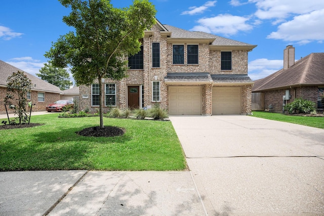 2385 Golden Shores Ln, League City, TX 77573 - view of front of home featuring brick siding, concrete driveway, a front lawn, and a garage