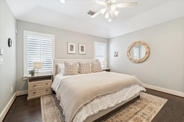 1117 W 22nd St Unit C, Houston, TX 77008 - bedroom with baseboards, dark wood-style floors, ceiling fan, and recessed lighting
