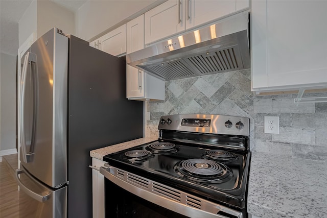 8547 Sparkling Springs Dr, Houston, TX 77095 - kitchen with stainless steel appliances, under cabinet range hood, white cabinetry, tasteful backsplash, and light stone countertops