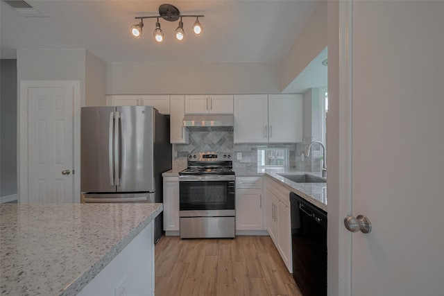 8547 Sparkling Springs Dr, Houston, TX 77095 - kitchen with stainless steel appliances, a sink, white cabinetry, under cabinet range hood, and tasteful backsplash