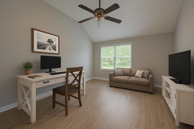 8547 Sparkling Springs Dr, Houston, TX 77095 - office area featuring a ceiling fan, lofted ceiling, light wood-type flooring, and baseboards