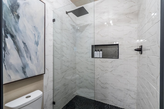 full bathroom with a tile shower and toilet