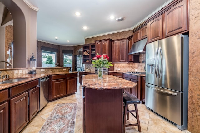 kitchen with appliances with stainless steel finishes, under cabinet range hood, a sink, ornamental molding, and tasteful backsplash