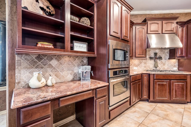 kitchen featuring appliances with stainless steel finishes, open shelves, under cabinet range hood, decorative backsplash, and crown molding