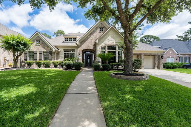 french country style house with stone siding, a front yard, driveway, and a garage