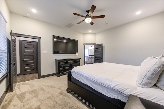 28723 Eden Creek Trl, Fulshear, TX 77441 - bedroom with light colored carpet, baseboards, ceiling fan, and recessed lighting
