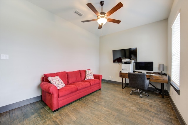 28723 Eden Creek Trl, Fulshear, TX 77441 - office with wood finished floors, a ceiling fan, healthy amount of natural light, and baseboards