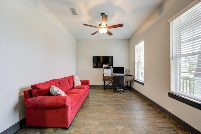 28723 Eden Creek Trl, Fulshear, TX 77441 - office with a ceiling fan, wood finished floors, and baseboards
