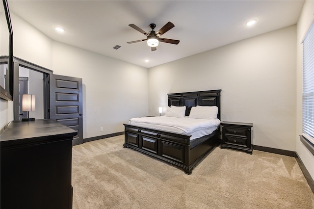 28723 Eden Creek Trl, Fulshear, TX 77441 - bedroom with light carpet, baseboards, a ceiling fan, and recessed lighting