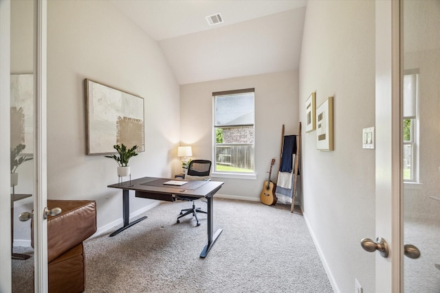16707 Ramsay Cascades Dr, Humble, TX 77346 - carpeted office featuring baseboards, vaulted ceiling, and french doors