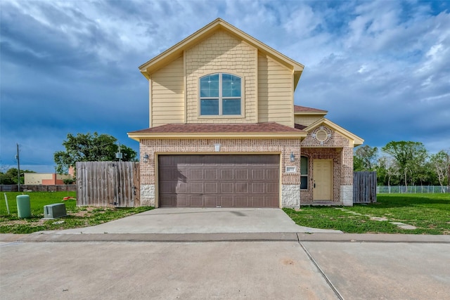 traditional-style home with concrete driveway, a garage, brick siding, and a shingled roof