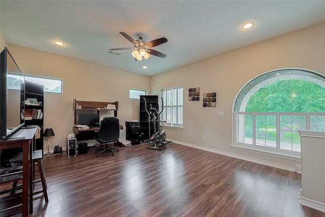 14844 Pollux Dr, Willis, TX 77318 - office with ceiling fan, wood finished floors, plenty of natural light, and recessed lighting