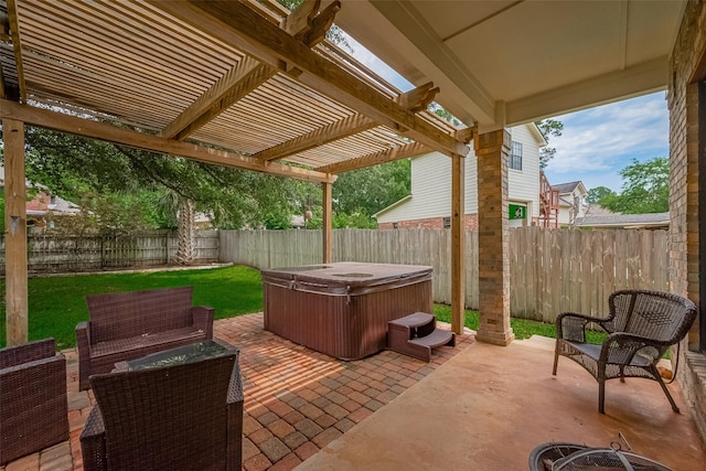 14844 Pollux Dr, Willis, TX 77318 - view of patio / terrace featuring a hot tub and a pergola