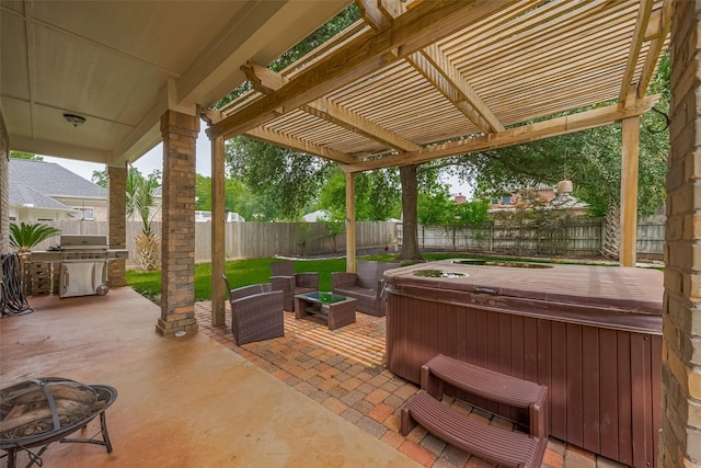 14844 Pollux Dr, Willis, TX 77318 - view of patio / terrace with a hot tub, area for grilling, a fenced backyard, and a pergola