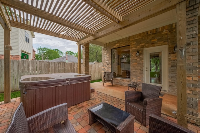 14844 Pollux Dr, Willis, TX 77318 - view of patio / terrace with a hot tub, a fenced backyard, and a pergola