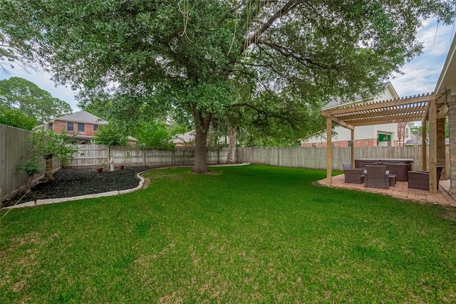 14844 Pollux Dr, Willis, TX 77318 - view of yard featuring a hot tub, a pergola, and a patio