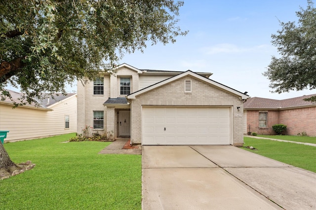 15427 Western Skies Dr, Houston, TX 77086 - traditional-style home featuring brick siding, driveway, a garage, and a front yard